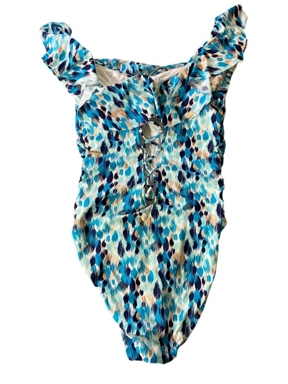 La Blanca Ruffle One-Piece Swimsuit Lace-Up Back Blue Abstract Print Medium - Picture 2 of 7